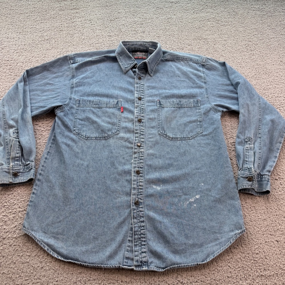 Vintage Bugle Boy Gold Crest Millennium Series Denim Shirt Blue Mens Large